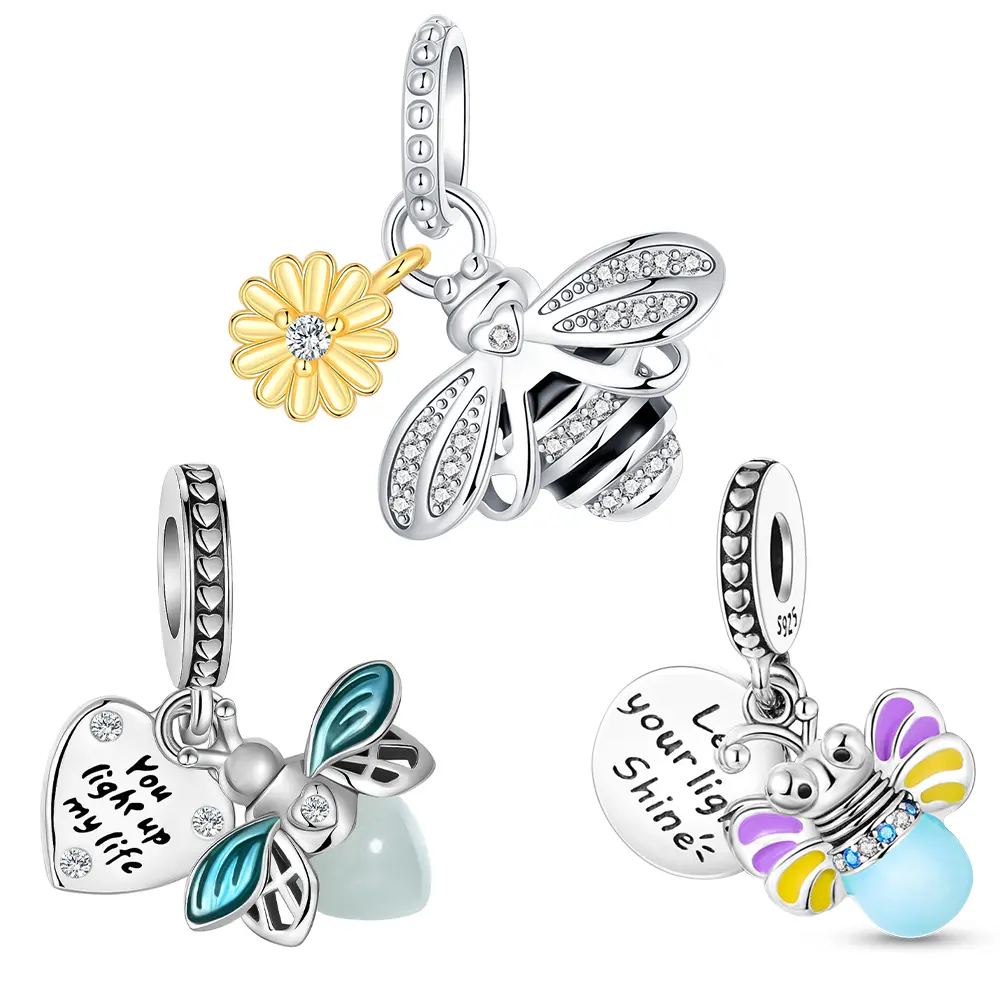 925 Sterling Silver Charms, 3-Piece Bee & Firefly Dangle Set with Enamel & Paved CZ, Glow-in-the-Dark for DIY Charm Bracelets, Charms & Pendants, Animal Charms & Pendants