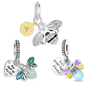 1 pc Bee & Firefly Hanging Charms, 925 Sterling Silver, Enamel & CZ Paved, Glow-in-the-Dark Beads, for DIY Charm Bracelets, Summer Birthday Friendship Gift
