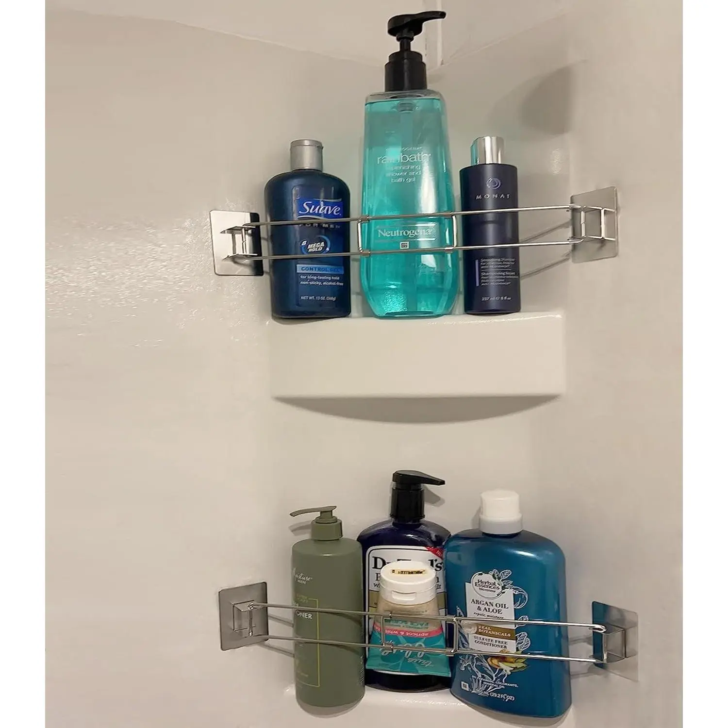2PCS Stainless Steel Adjustable RV Shower Corner Storage Bars, 7.9-13.7in Extendable Tension Rods for Camper Bathroom Shelves & Organization Accessory