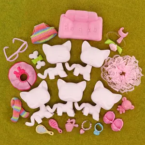 5 Pcs Mini Pet Shop White Base with 16 Pcs Accessoires Sets for Pet Shop Sitting Cat Cocker Spaniel Dachshund Collie Shorthair Cat Fox Kitten Lamb Cow BunnyCustom DIY Paint Design Your Pet and mixed several colorful Accessories, Easter gift for kids