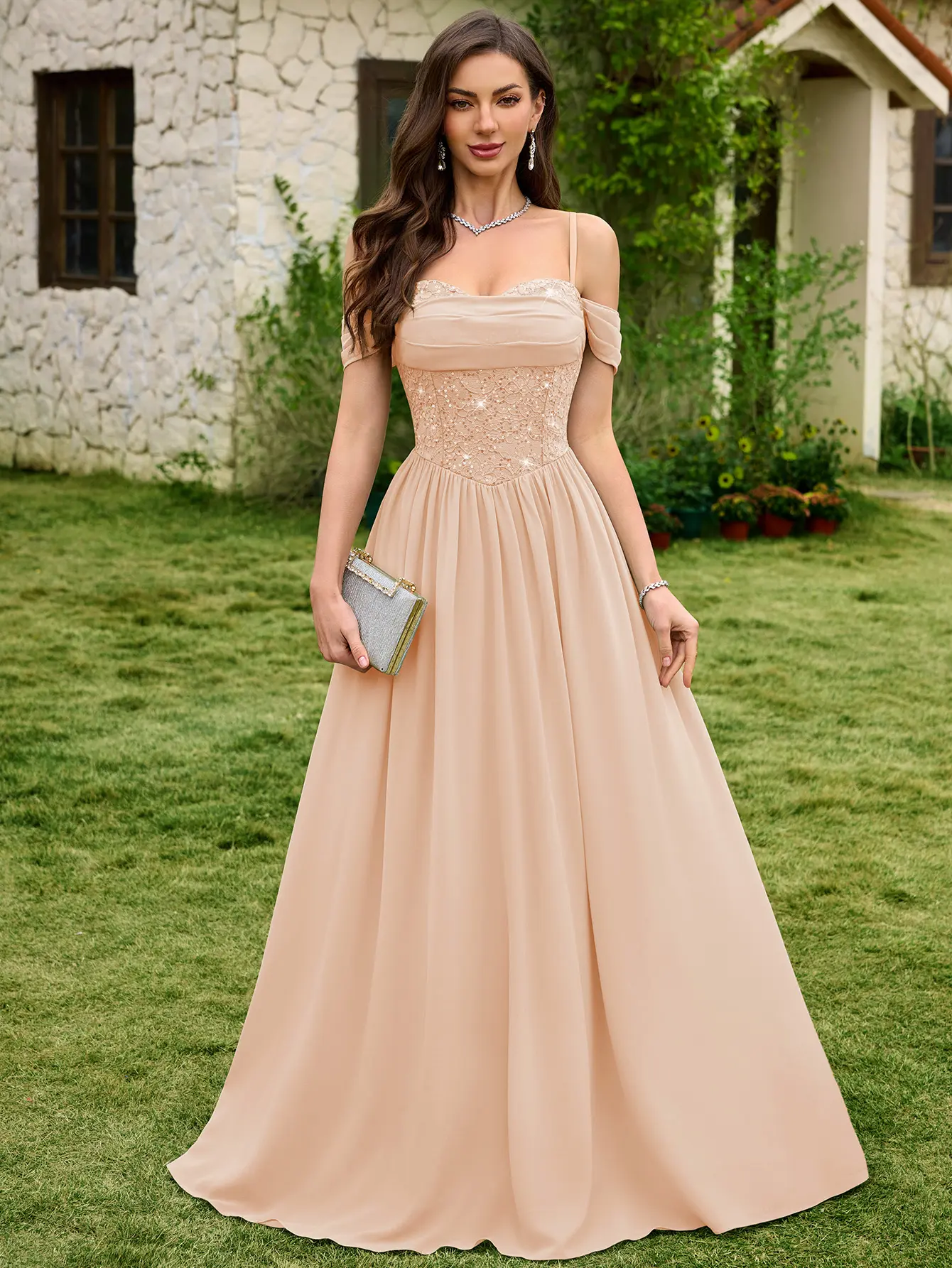 Miusol 55903A Women's Off Shoulder Spaghetti Strap Lace Sequin Bridesmaid Dress | Sweetheart ruched bodice, lace contrast chiffon, floor length for wedding and formal dinner