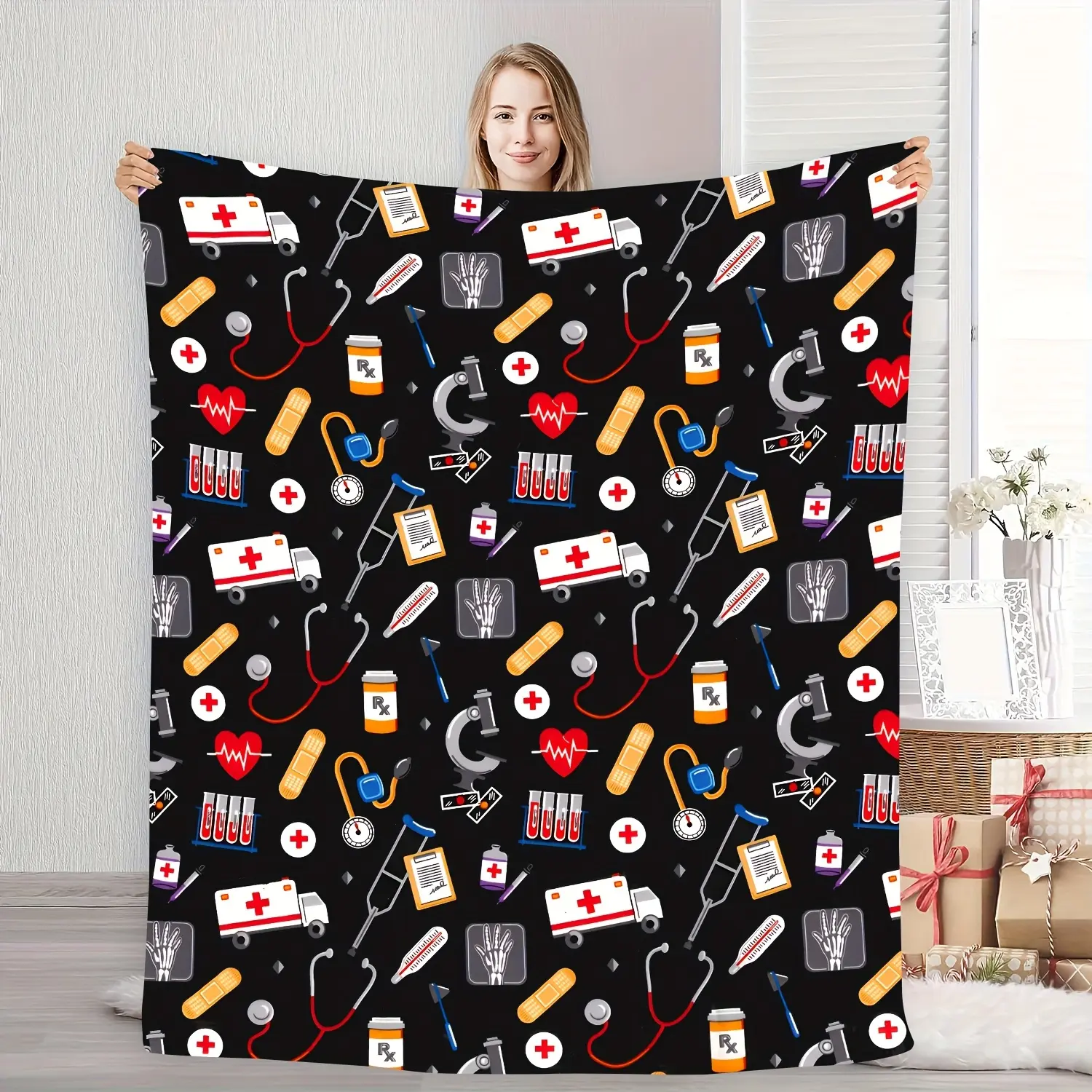 American Printed Medical Theme Blanket - Emergency Nurse Camping Shawl with Stethoscope and Bandage Pattern - Soft Flannel Four Seasons Home Use, Hospital Travel Blanket - Perfect Gift for Nurses, Doctors, and Medical Staff - 280GSM Heavyweight Comfortabl