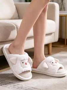 Cute Sheep Ear Embroidered Linen Slippers for Women, Thick Sole Height-Boosting Comfortable Home Shoes, Cozy Plush Indoor Footwear