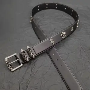 TOP Gothic Punk Rivet Belt Unisex Cross & Sword Embellished Leather Waist Belt Dark Streetwear Accessory for Couples