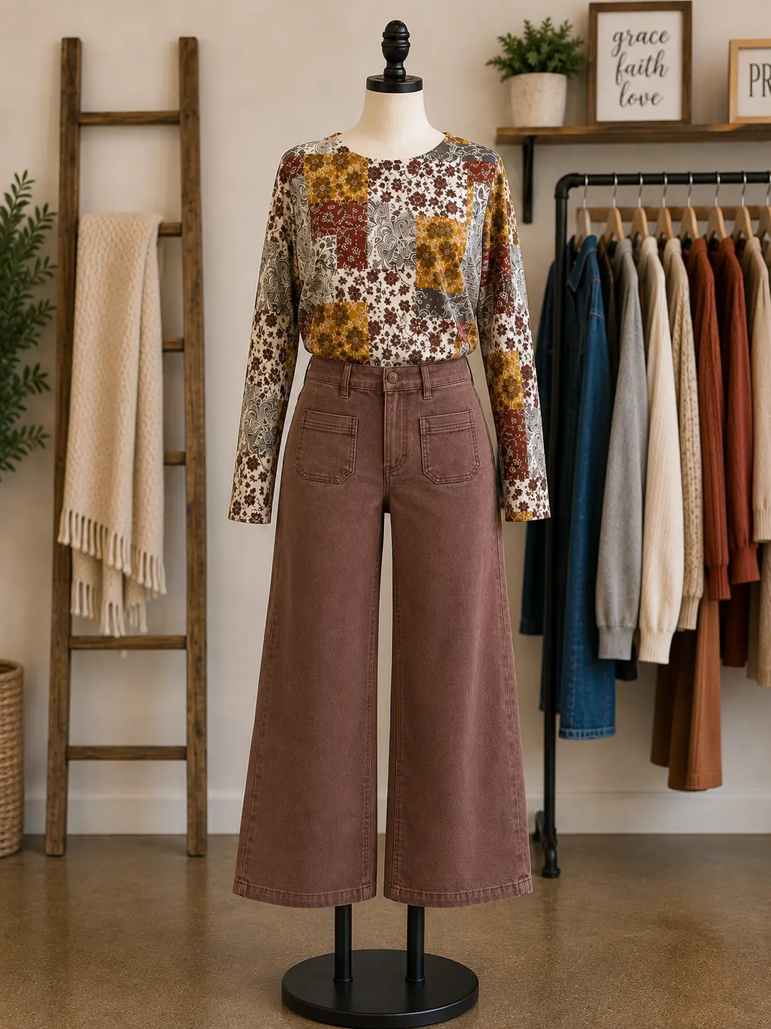 Charlie B Cropped Insert Pocket Wide Leg Chocolate Twill Pants