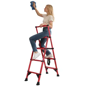 Explorinox Aluminum Telescoping Ladder, 4 Step Ladder, Foldable Safety Household Ladder with Air Cushion & Anti-Slip Feet, Herringbone Design Ladder for Home Indoor Use, 330lbs Load Capacity