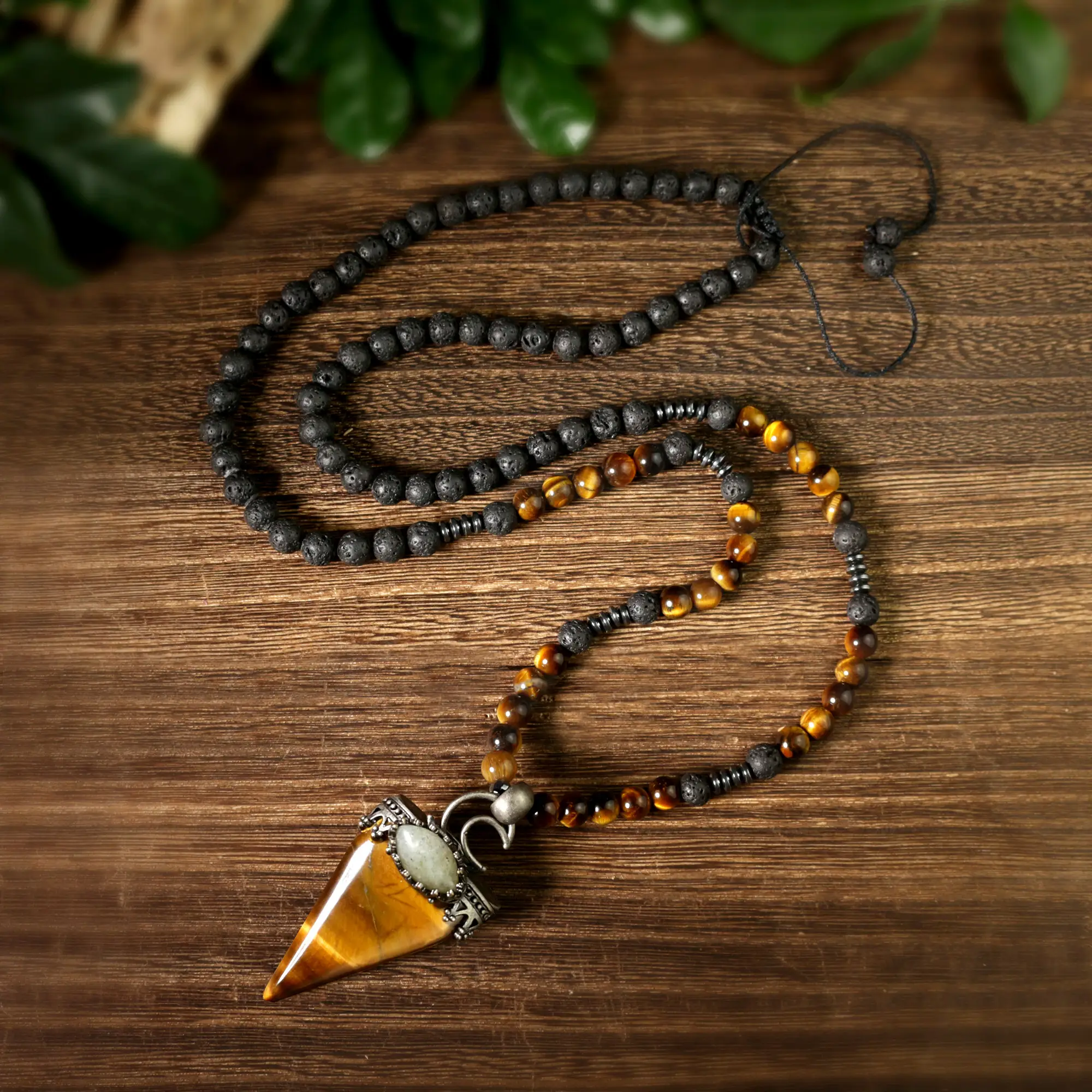 Natural Lava Rocks Tiger Eye Beaded Arrowhead Charm Meditation Healing Malar Men Women Necklace
