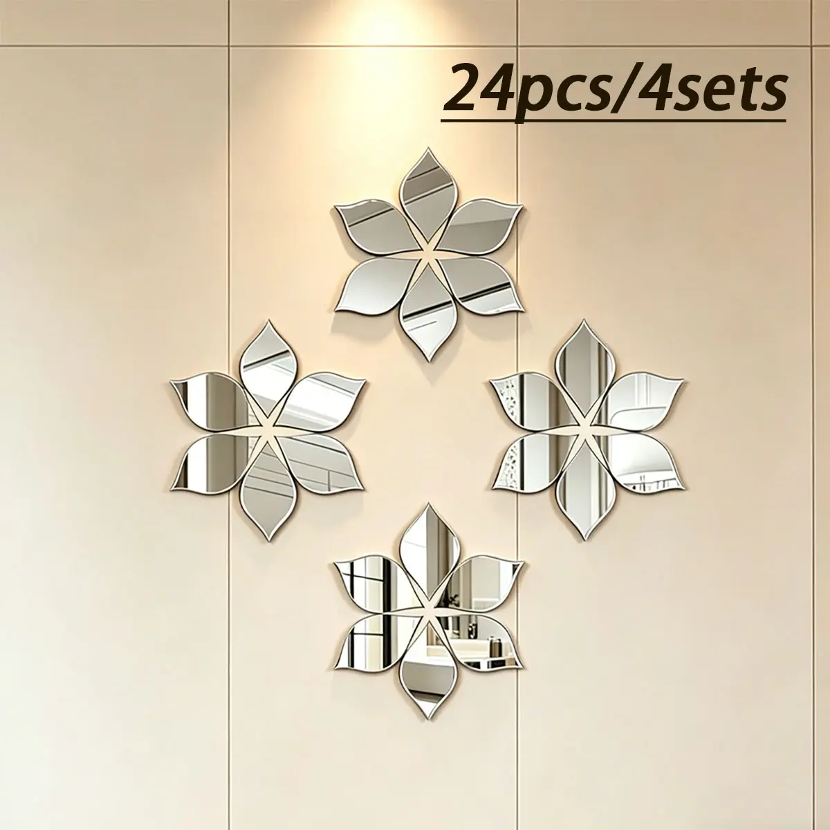 Silver Color Flower Reflective Mirror Wall Stickers, Wall Decal, 24pcs Acrylic Self-Adhesive Decorative Wall Art Ornaments, Cute Wall Decor, for Living Room, Bedroom, Kitchen, Dining Room