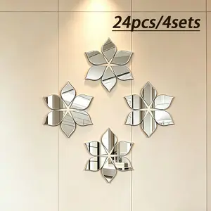 Silver Color Flower Reflective Mirror Wall Stickers, 24pcs Acrylic Self-Adhesive Decorative Wall Art, for Living Room, Bedroom, Kitchen, Dining Room