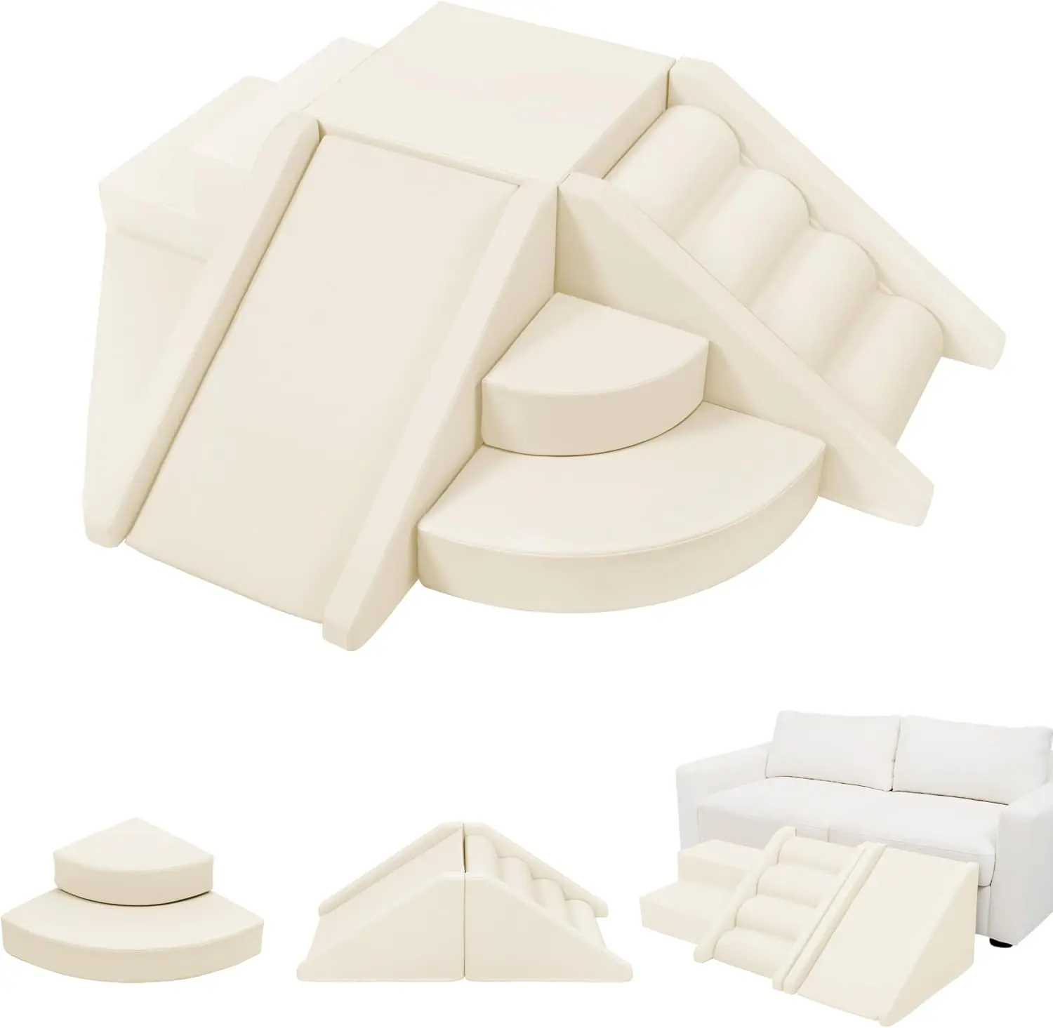 9-Piece Modular PU Pastels Waterproof Cream Foam Climbing Blocks Set for Toddlers - Indoor Soft Play Climb & Crawl Tunnel with Stair, Ramp, 1 Scalloped Block for Child Development