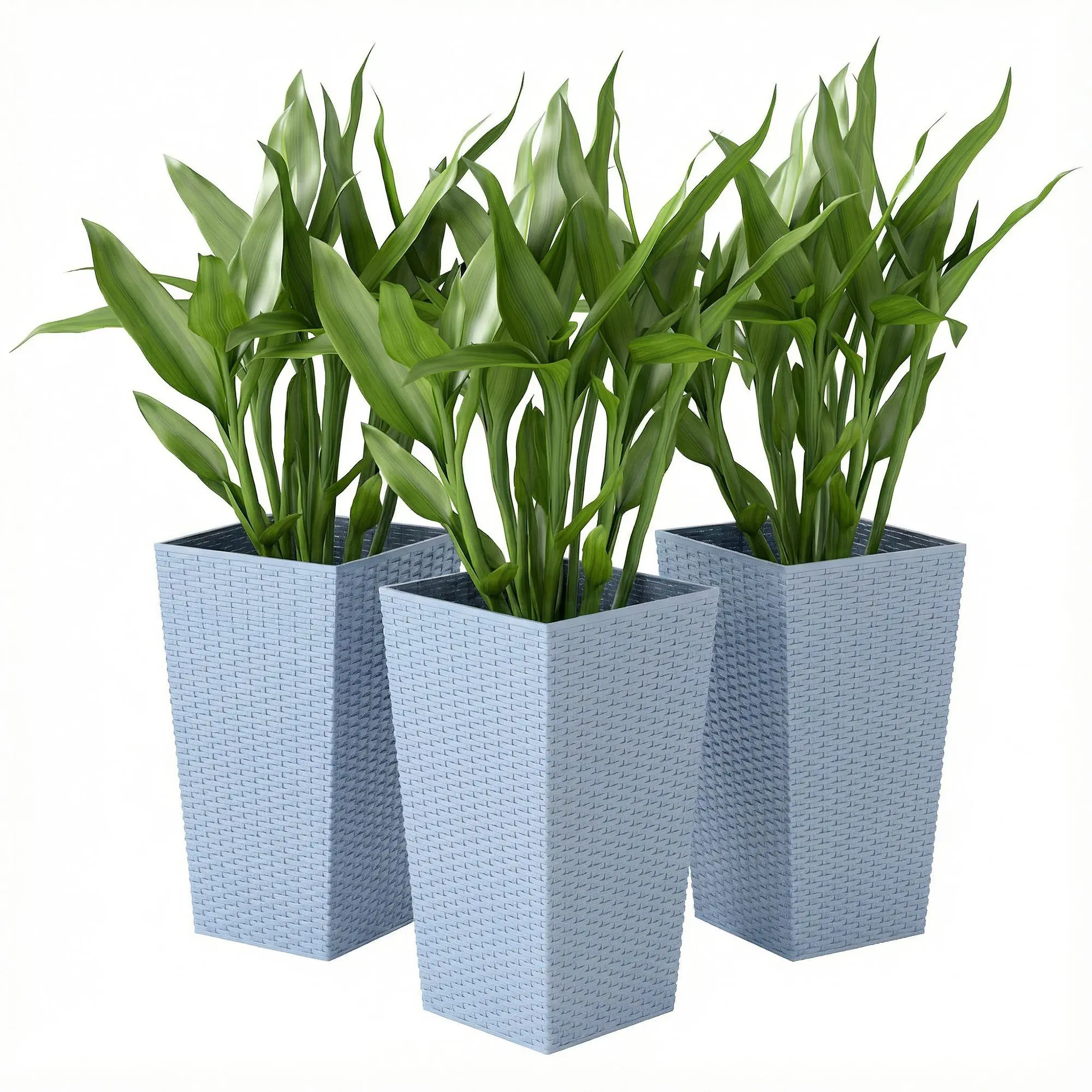 Set of 3 Light Gray Rattan Decor Outdoor Tall Planters, 24 in Tapered Garden Pots with Drainage Holes for Home Improvement
