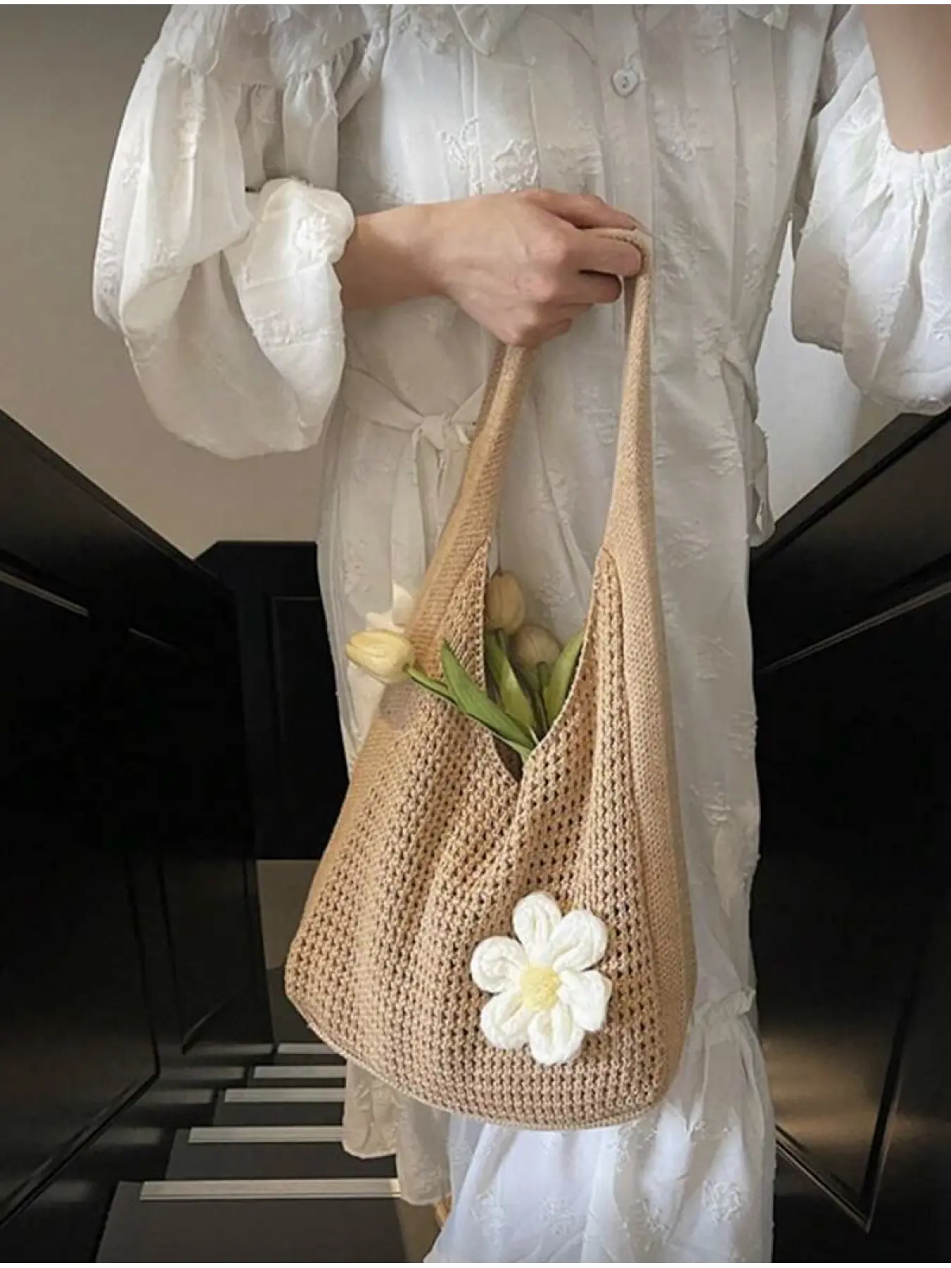 Bohemian Style Crochet Tote Bag Crossbody Woven Beach Bag for