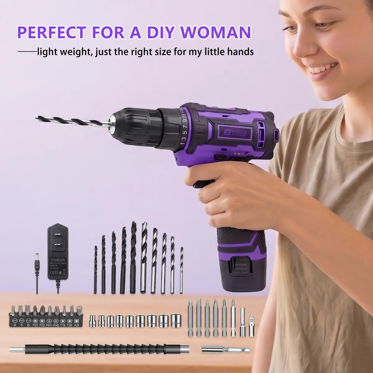 BiHoo 12V Cordless LED Variable Speed Drill Set,drill set for women,Purple Cordless Drill,All-in-One DIY & Home Toolbox Kit Power Tools Power Drilling Tools