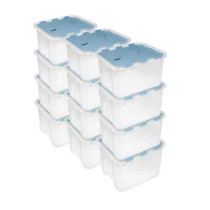 Sterilite 60 Qt Hinged Lid Storage Box, Plastic Container, Washed Blue, 12 Pack