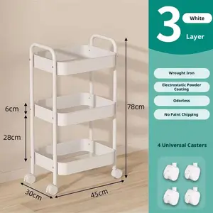 3-Tier Rolling Storage Cart, Multifunctional Utility Organizer Rack, No Assembly Needed, Space-Saving Storage Shelf for Kitchen, Bathroom, Bedroom, Office, Laundry & Garage (White)