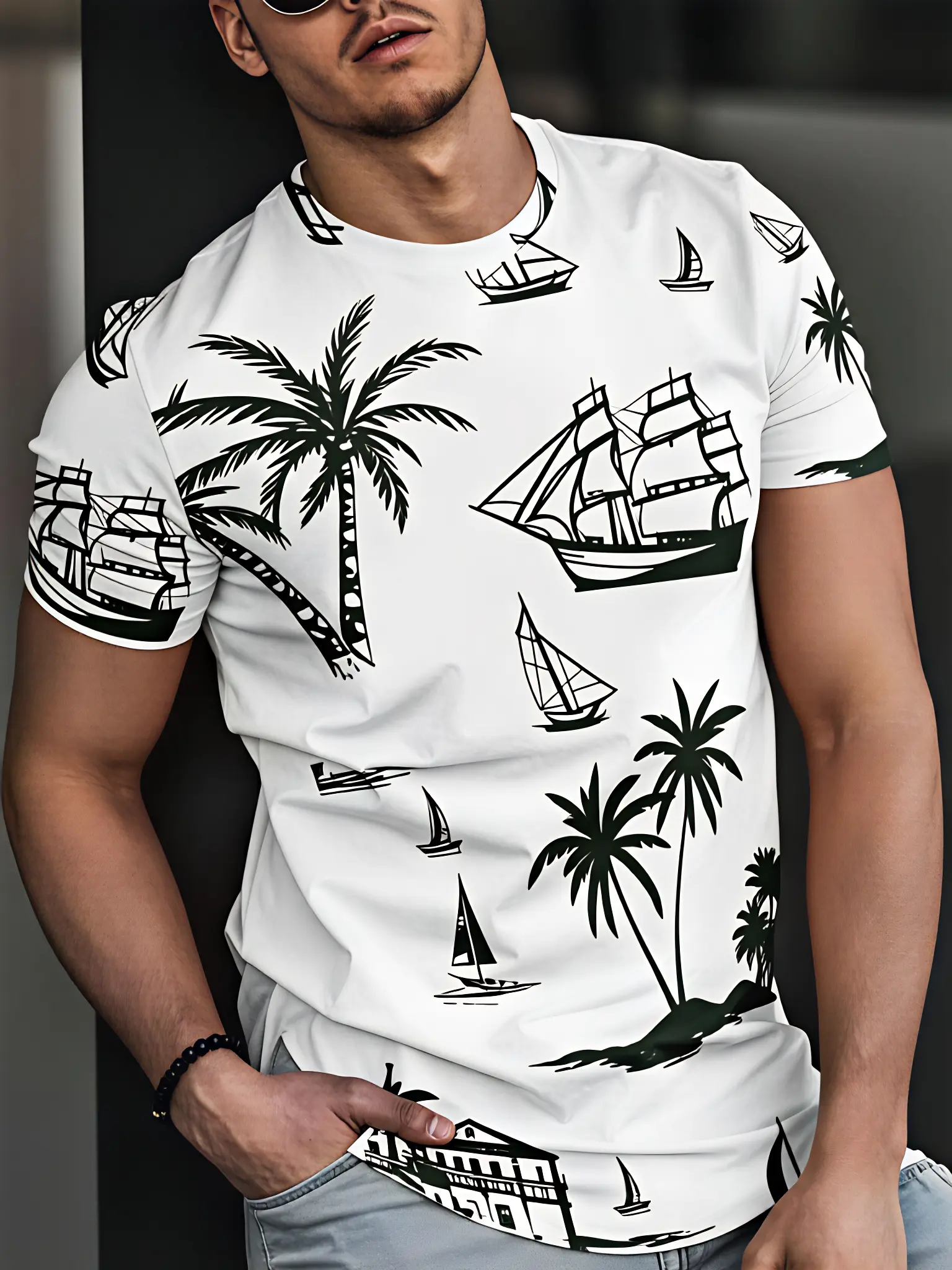 Men's 3D-Printed Short-Sleeve T-Shirt with Seamless Patchwork Collar - Summer Breathable Casual Round Neck Tee, Vibrant 3D Print Patterns, Standard Fit for Parties Weddings Outings - Novelty Tech Apparel