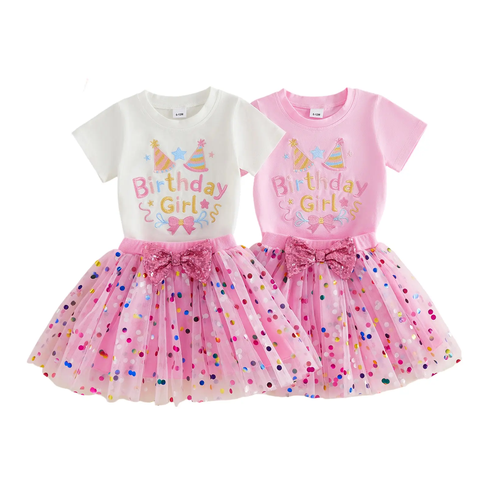 Toddler Baby Little Girls Birthday Outfits Letter Embroidery Short Sleeve T-Shirt and Elastic Tulle Skirt Set 1-5 Years