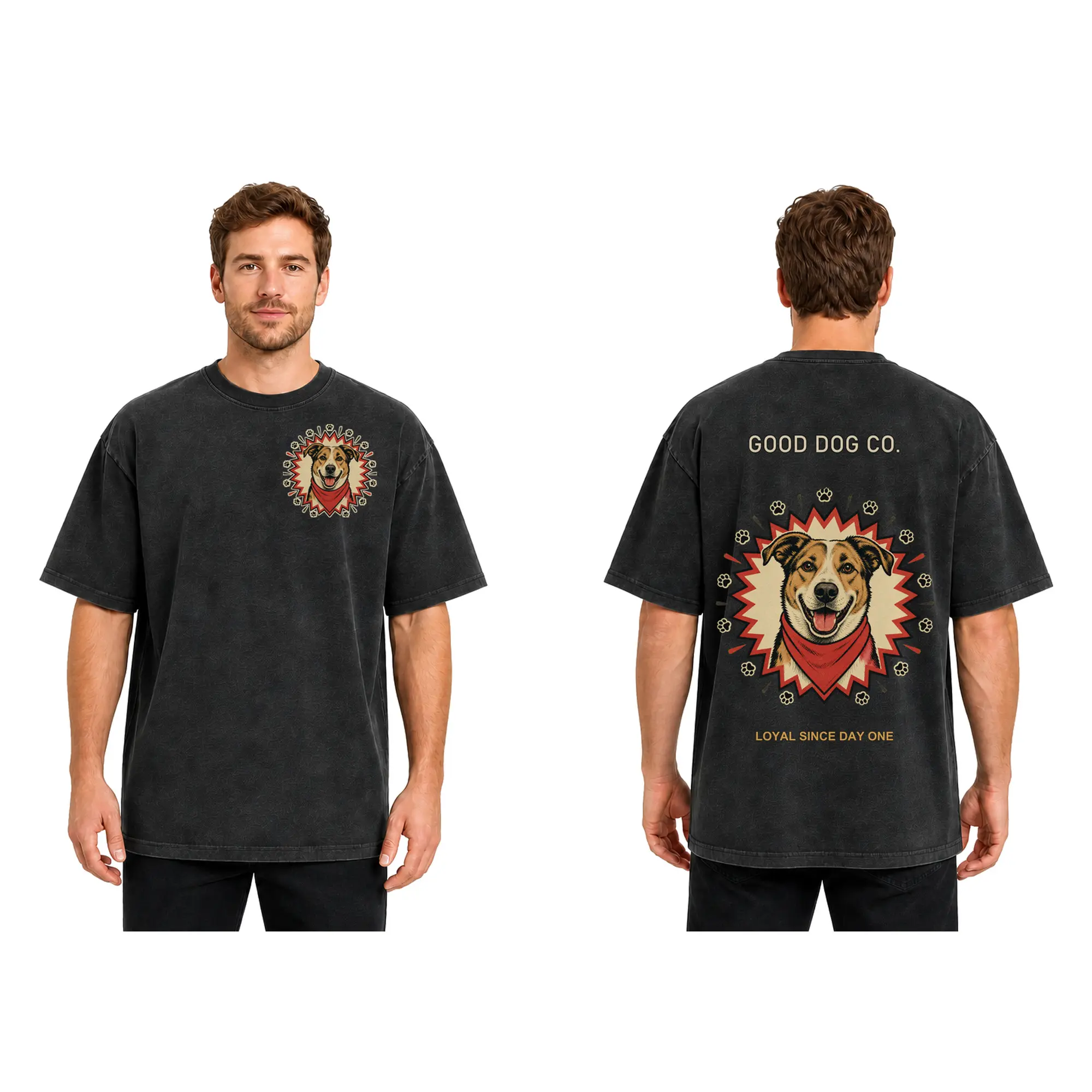 Unisex White Streetwear T-Shirt: Vintage Dog with Red Bandana Graphic Tee, Retro Americana Pet Aesthetic Top with "GOOD DOG CO." Back Print
