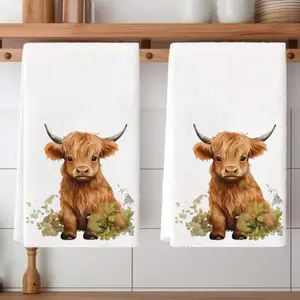 2pcs Highland Cow Design Kitchen Towels Set, Fluffy Wash Rag, 100% Ultra-Fine Microfiber Material, Soft and Durable for Home Décor and Everyday Use