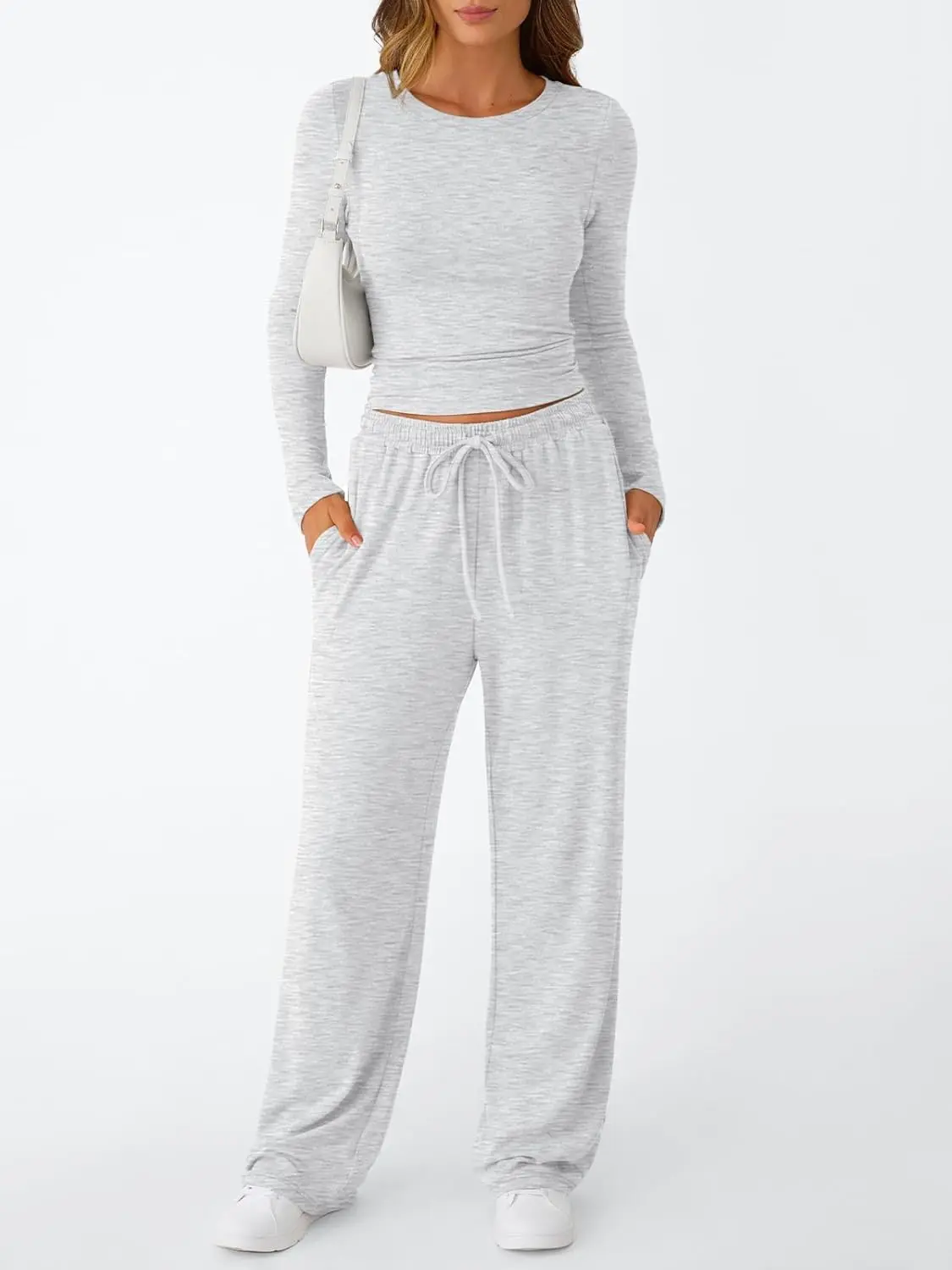 Women's 2 Piece Matching Lounge Set Long Sleeve Side Ruching Top Wide Leg Drawstring Pants Set with Pockets