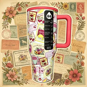 Hydrojug Vintage Cherry Stamp Insulated Tumbler - 40oz Large Capacity with Handle & Straw, Keeps Drinks Cold All Day, Cute Floral Travel Cup for Work, Road Trips & Brunch fathersdaygift