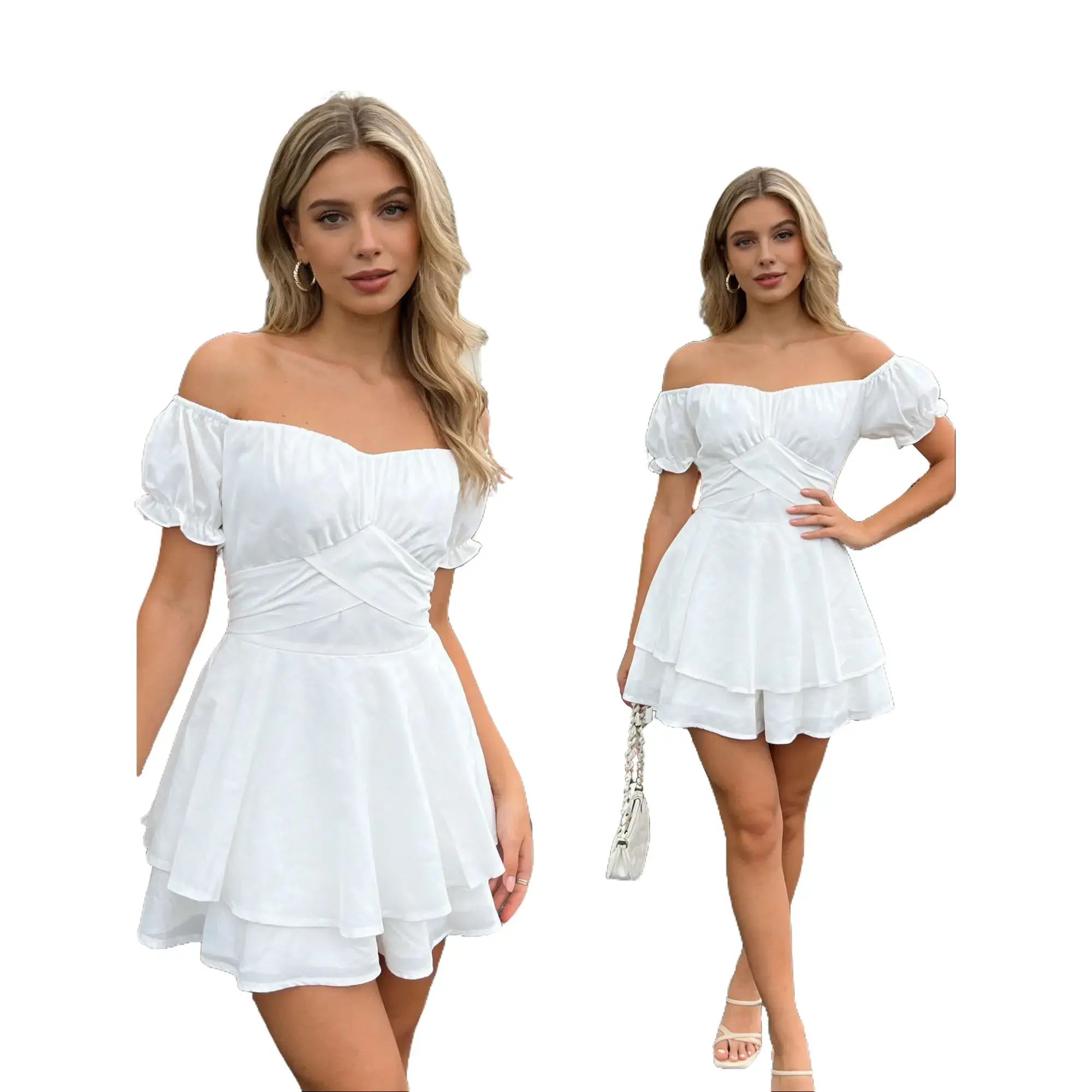 Liqucy Lantern-lotus Leaf Short-sleeved Off-shoulder Collar Cross-belt Waist Line Dress Women Multi-layer Short Skirt Trousers Lovely Print Elegant Party Y2k Satin Suspender Tight Dress