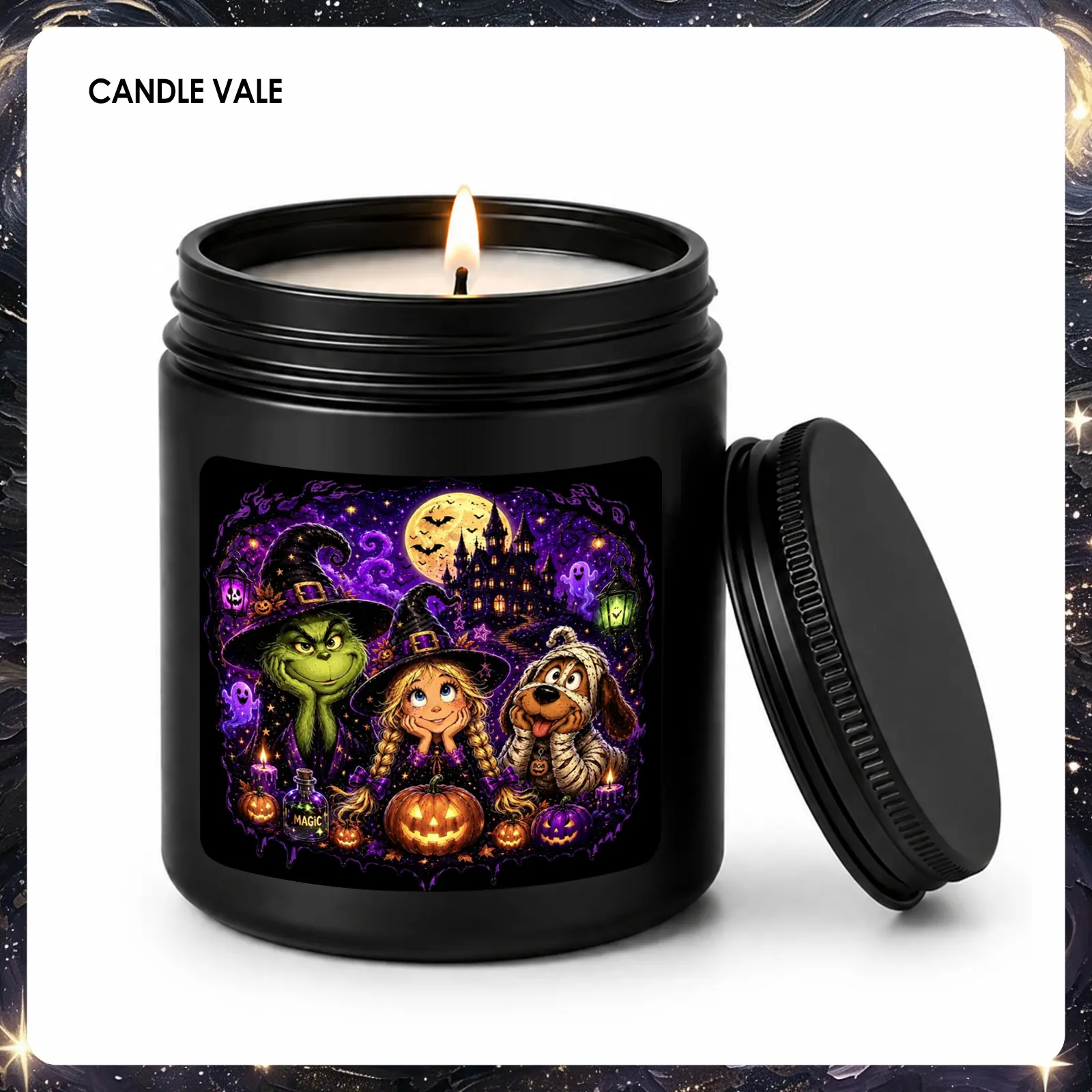1Pc Handmade Scented Soy Candle, Halloween Witch Castle Grinch Cartoon Print Fragrance Candle, Spooky Cute Holiday Gift for Family Women Kids, 50-Hour Burn, Bedroom Living Room Halloween Home Fragrance Decor
