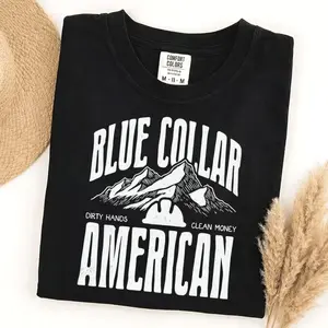 Blue Collar American T-Shirt, Dirty Hands Clean Money Tee, Patriotic USA Worker Gift, Hard Hat Mountains Graphic, Working, Comfort Colors