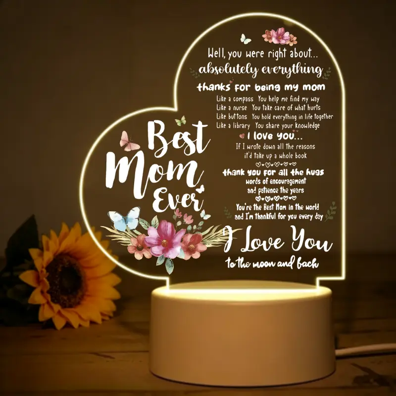 Mom Floral Butterfly Heart Shaped Acrylic LED Night Light with Heartfelt Quote, Warm Bedside Lamp Gift for Mom Birthday Mother's Day Home Decor, Decorative Lighting, Illuminating Led, Ambient Night Light, Decorative Atmosphere Light