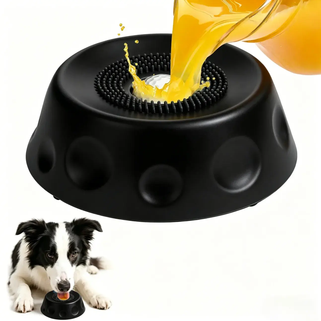 3-in-1 Suction Slow Feeder Dog Bowl & Lick Mat, No-Spill Interactive Anti-Slip Design with Built-in Rolling Treat Ball & Cleaning Brush, 8 Suction Cups, Oral Hygiene & Tongue Cleaning, Enrichment Bowl for Bone Broth, Yogurt, Peanut Butter & Liquid Treats