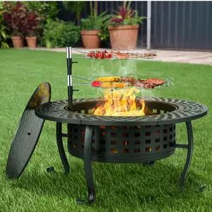 Arlopu 37'' Round Fire Pit Patio Wood Burning Fire Pit Table，Metal Fire Pit for Outside with Cooking BBQ Grills & Lid for Outdoor Camping Picnic Bonfire Party