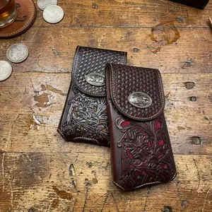 Western Stakes Bull Rider Concho Floral Tooled Leather Phone Belt Holster Universal Fit for Smartphones Secure Durable Cowboy Pouch Hand Wash Only