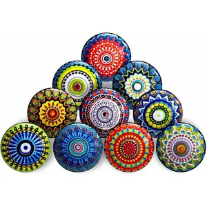 10Pcs Ceramic Cabinet Knobs - Vintage Look Hand Painted Multicolor Handmade Mandala Designs for Door Handles Wardrobe Kitchen Cabinets Drawer Dresser Cupboard Pulls