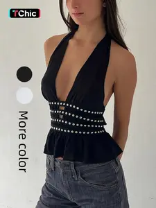 Women's Plain Rivet Decor Halter Tie Back Peplum Top, Elegant Chic Fashion Casual Backless Top for Daily Outdoor Wear, Ladies Clothes for Summer
