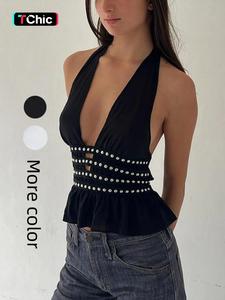 women's plain rivet decor halter tie back peplum top, elegant fashion casual backless top for daily outdoor wear, ladies clothes for summer, going out tops, summer tops, clothes for women