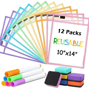 24 Pcs Dry Erase Pocket Reusable Sleeves 10" x 14" Clear Plastic Sheet Protectors with Markers and Mini Dry Erasers for Paper(Pastel)