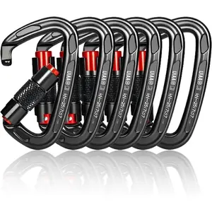 UIAA Certified 25KN Carabiner Heavy Duty Auto Locking Carabiners Clips 6PCS Black D Shaped 3.93 Inch Large Size for Swing Pet Traction