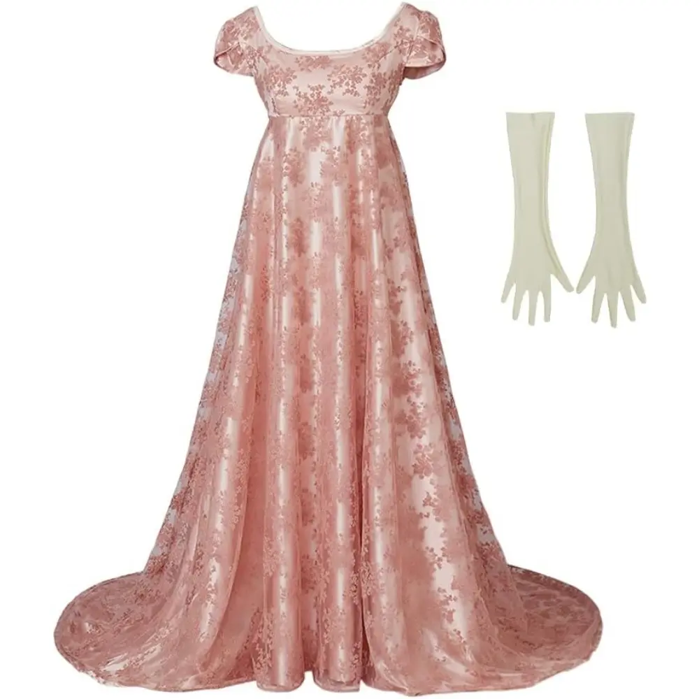 Women's Regency Era Gown with Lace Trim, Elegant High-Waist Polyester Formal Party Wear with Empire Waistline, Fit, Lady, Dress, Xxl, Vintage, Plus Size, High Waisted, Soft Drape, Fabric, Lightweight, Hip