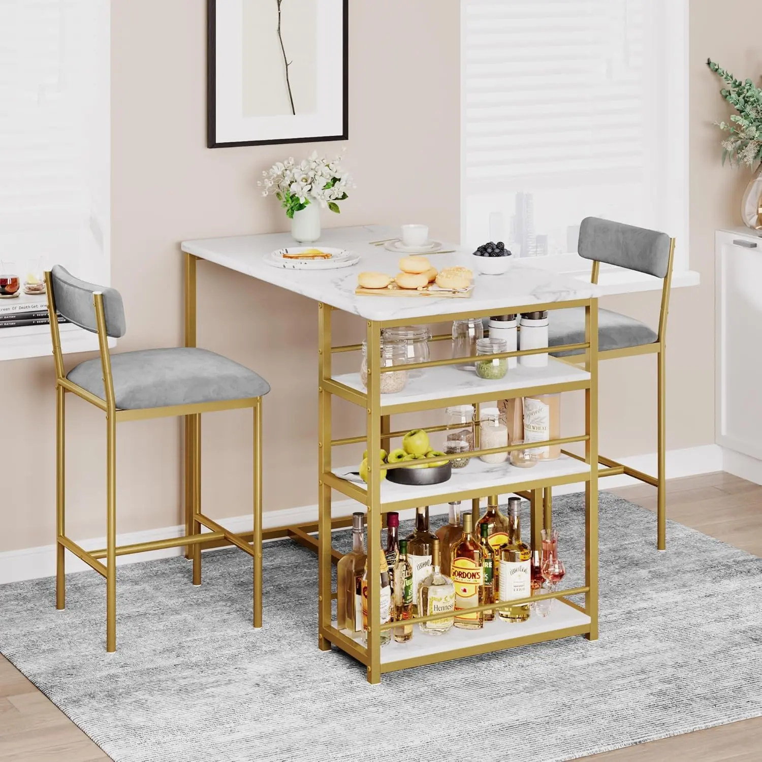 3-Piece Counter Height Dining Table Set for 2 with 3 Storage Shelves, Easy to Install Multi-Piece Dining Room Set with 2 Upholstered Stools, Indoor Furniture for Apartments, Restaurants, Easy To Install Dining Room Sets, Multi-Piece Dining Room Sets