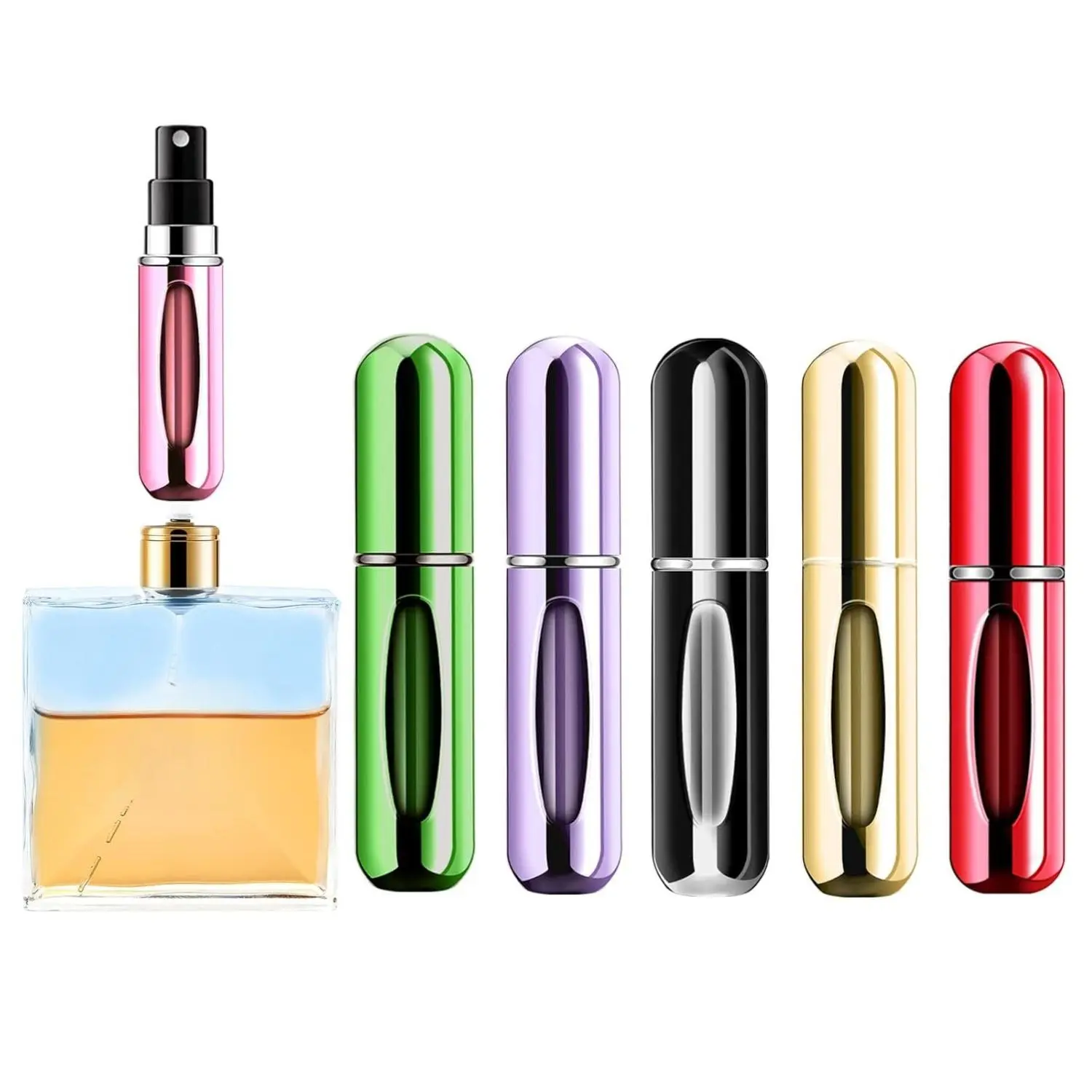 Portable Mini Perfume Atomizer Bottle, Atomizer Perfume Spray, Scent Pump Case, Refillable Travel (5ml, 5 Pack) (Purple, Gold, Green, Red, Black)