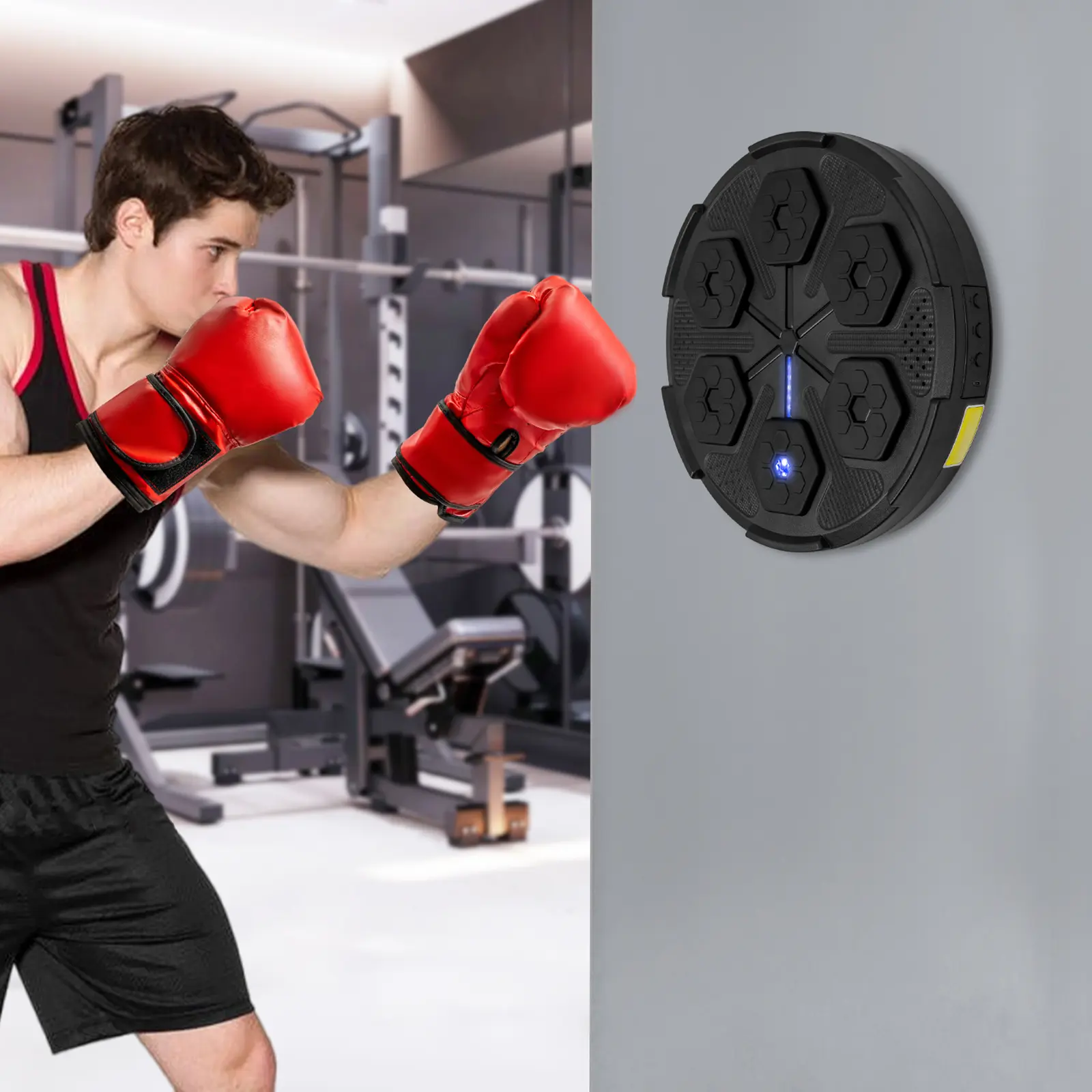 Wall Mounted Bluetooth Music Boxing Target, Electronic Punching Training Pad with Blue Light & 6 Target Zones, Rechargeable 2000mAh Boxing Machine Comes with Gloves, for Home Gym, Kickboxing, Wing Chun Fitness Exercise