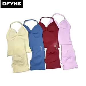 DFYNE Seamless Workout Set for Women 2 Piece - Halter Neck Sports Bra Crop Tank and Crossover High Waisted Scrunch Booty Shorts Gym Outfit