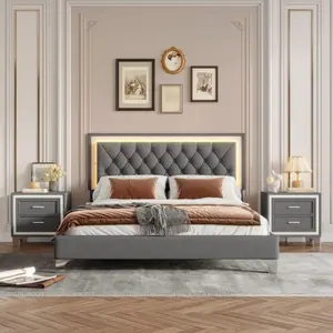【Bellemave】3-Pieces Bedroom Sets,Queen Size Upholstered Platform Bed with LED Lights and Two Nightstands-Gray