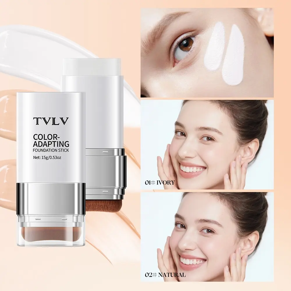 2-In-1 Color-Changing Foundation Stick with Concealer and Brush Head, Long-Lasting Coverage, Lightweight Formula, Natural Finish, Suitable for All Skin Types