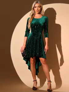 INSPIRE CHIC Women's Long Sleeves Crew Neck A-Line Zipper Cocktail Party Wedding Guest Midi Velvet Dress Dark Green