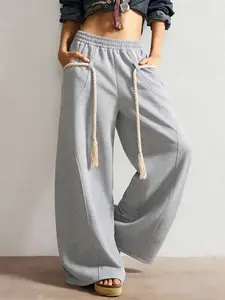 Women's Rope Knot Decorated Wide Leg Pants, High Elastic Waist Loose Fit, Fringe Drawstring Design, Y2K Boho Casual Streetwear