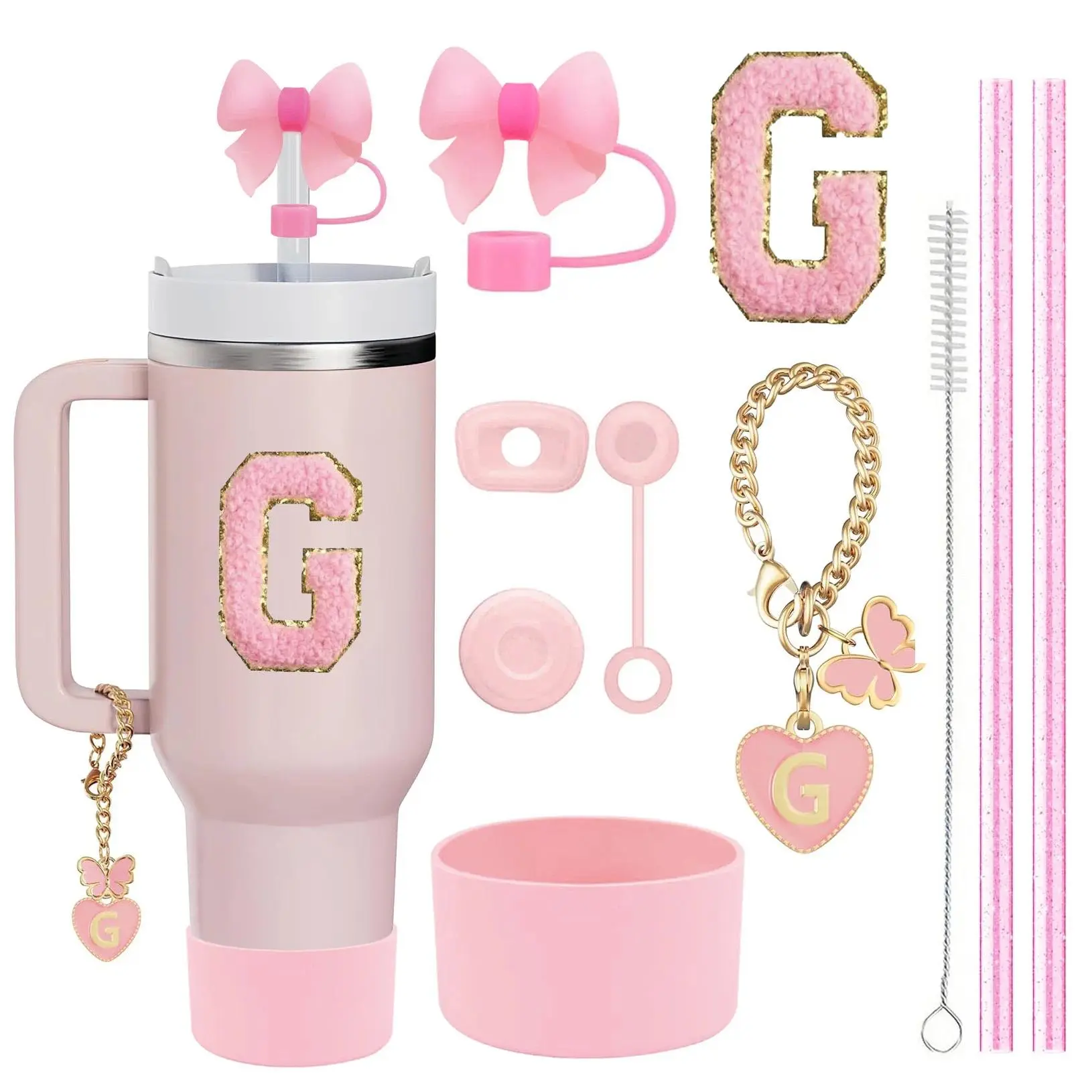 10PCS Accessories Set for Stanley Cup, 2 Straw and Brush and 1 Flower Charm Chain 3 Spill Proof Stopper Flowers Straw Cover Boot