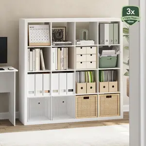 16-Cube Composite Wood Shelf Organizer - Triple-Thick Frame Cubicle Bookcase Storage Unit, 15.3x57.4x56.8in, for Living Room, Home Office Decor