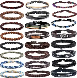 24 count Braided Leather Bracelet for Men Women Cool Woven Wrist Cuff Bracelets  Cords Wooden Beads Ethnic Tribal Handmade Wrap Adjustable Wristband Bracelets