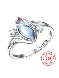 S925 Sterling Silver Ring with Marquise Synthetic Moonstone, Casual Style Bridal Engagement Ring Teardrop Bridal Rings Party Jewelry Gift for Her（with box）